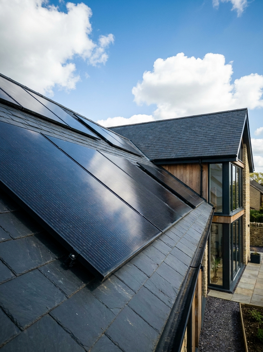 Solar panels installed on a slate roof