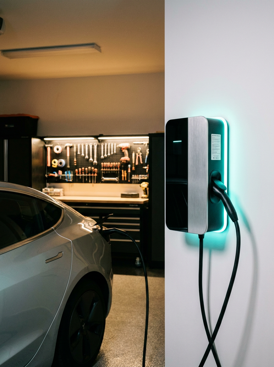 EV charger with cyan LED glow on wall