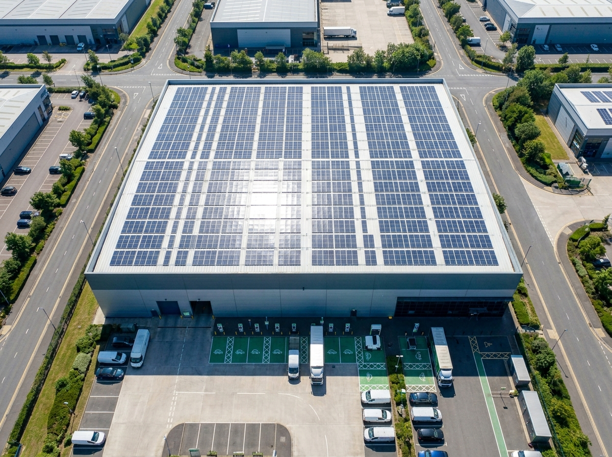 Industrial warehouse with rooftop solar array