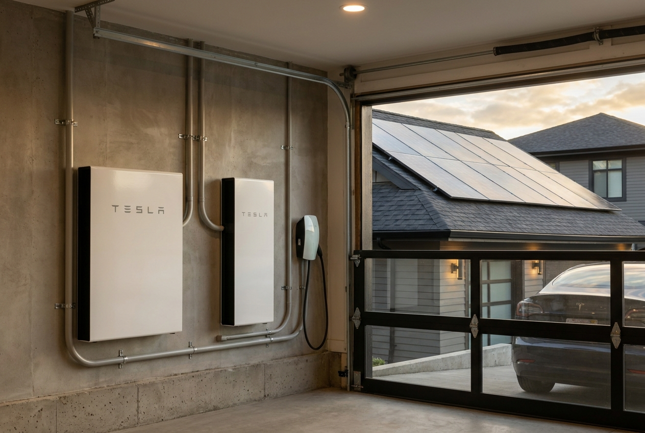 Tesla Powerwall and EV charger in garage